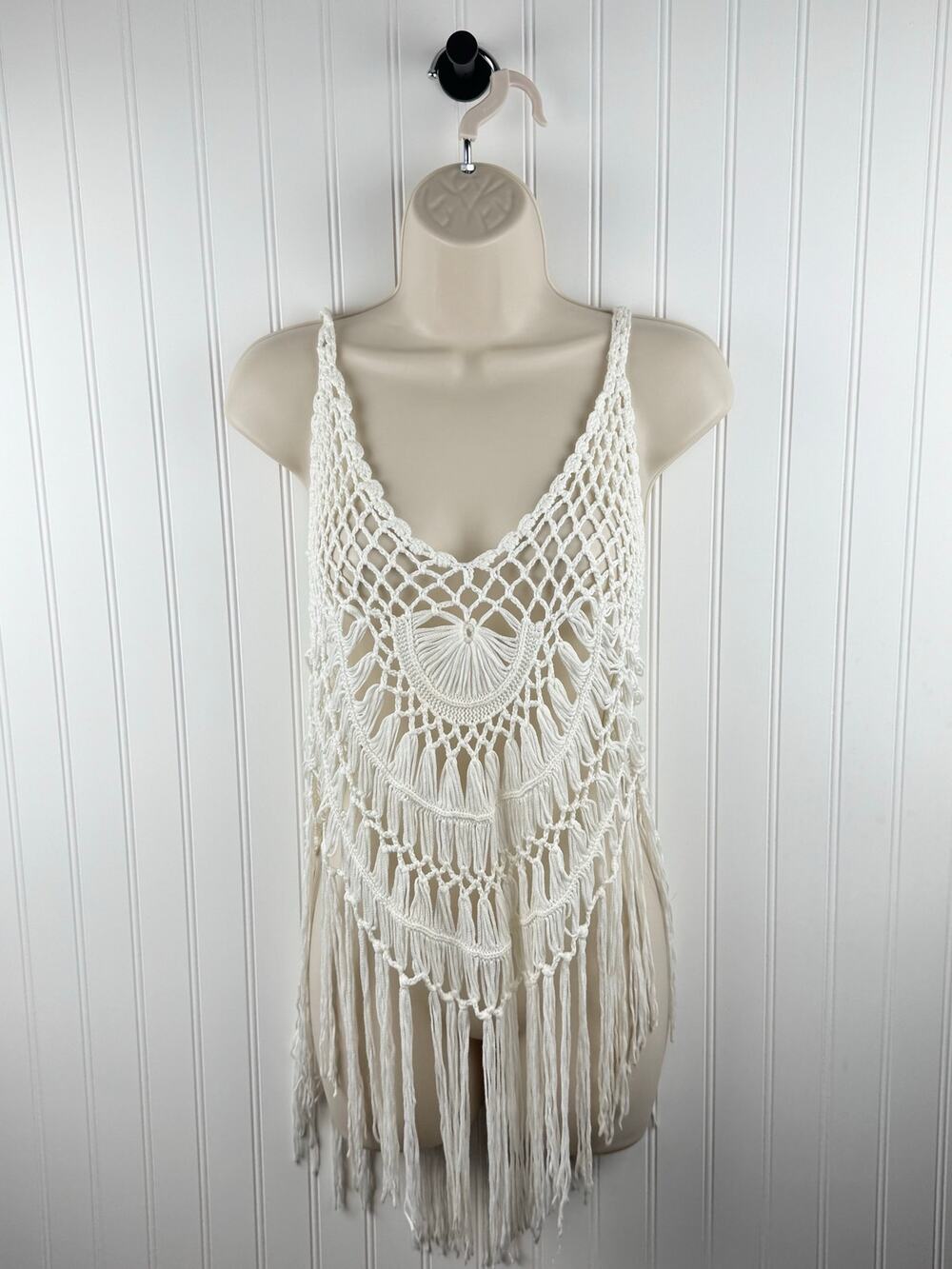 SHEIN White Crochet Fringe Cover Up Tank One Size Boho Festival
